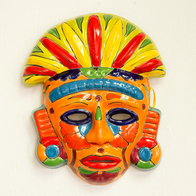 Ceramic mask, 'Chicha Penacho' - Talavera-Style Ceramic Aztec Mask Crafted in Mexico