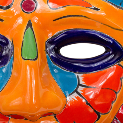Ceramic mask, 'Chicha Penacho' - Talavera-Style Ceramic Aztec Mask Crafted in Mexico