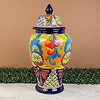 Ceramic urn, 'Mediterranean Beauty' - Talavera-Style Ceramic Ginger Jar Vase from Mexico
