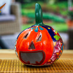 Ceramic candle holder, 'Floral Jack-O-Lantern' - Talavera-Style Ceramic Jack-O-Lantern Candle Holder