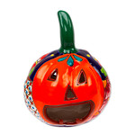 Ceramic candle holder, 'Floral Jack-O-Lantern' - Talavera-Style Ceramic Jack-O-Lantern Candle Holder