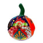 Ceramic candle holder, 'Floral Jack-O-Lantern' - Talavera-Style Ceramic Jack-O-Lantern Candle Holder