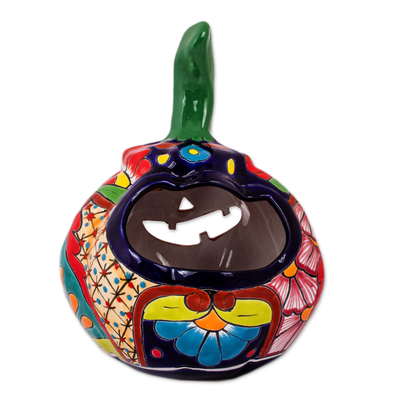 Ceramic candle holder, 'Floral Jack-O-Lantern' - Talavera-Style Ceramic Jack-O-Lantern Candle Holder