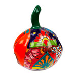 Ceramic candle holder, 'Floral Jack-O-Lantern' - Talavera-Style Ceramic Jack-O-Lantern Candle Holder