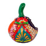 Ceramic candle holder, 'Floral Jack-O-Lantern' - Talavera-Style Ceramic Jack-O-Lantern Candle Holder