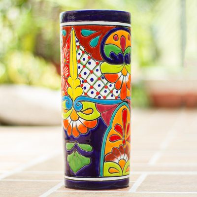 Jarrón de ceramica - Jarrón cilíndrico de cerámica estilo talavera de México