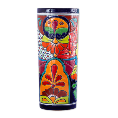 Cylindrical Talavera-Style Ceramic Vase from Mexico