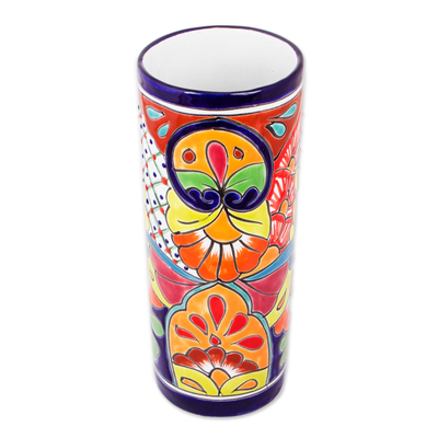 Ceramic vase, 'Cylindrical Talavera' - Cylindrical Talavera-Style Ceramic Vase from Mexico