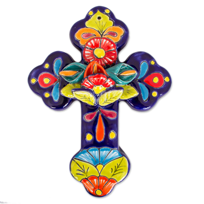 Hand-Painted Talavera-Style Ceramic Wall Cross from Mexico