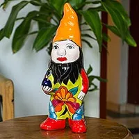 Ceramic statuette, 'Talavera Gnome' - Talavera-Style Ceramic Gnome Statuette from Mexico