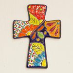 Ceramic wall cross, 'Spanish Faith' - Talavera-Style Ceramic Wall Cross from Mexico