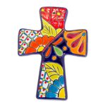 Ceramic wall cross, 'Spanish Faith' - Talavera-Style Ceramic Wall Cross from Mexico