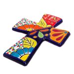 Ceramic wall cross, 'Spanish Faith' - Talavera-Style Ceramic Wall Cross from Mexico