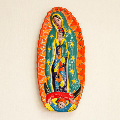 Escultura de pared de cerámica, 'Talavera Guadalupe en Naranja' - Escultura de pared de cerámica estilo Talavera de la Virgen María