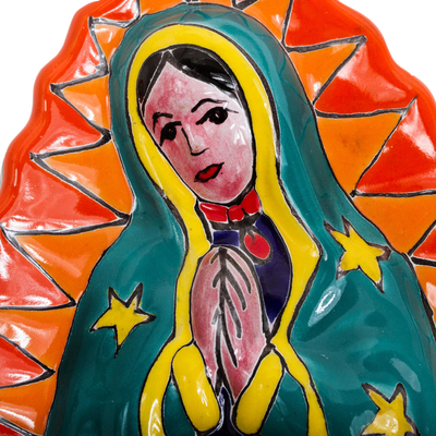 Ceramic wall sculpture, 'Talavera Guadalupe in Orange' - Talavera-Style Ceramic Wall Sculpture of the Virgin Mary