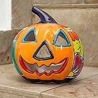 Ceramic candle holder, 'Floral Halloween' - Ceramic Jack-O-Lantern Candle Holder from Mexico