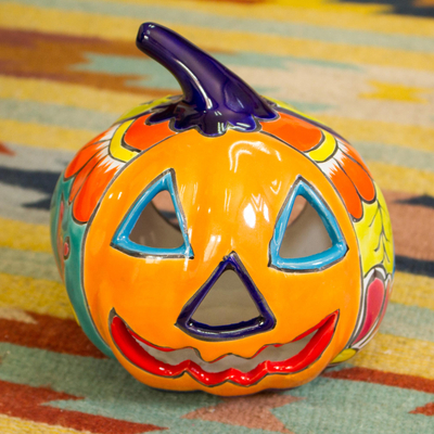 Ceramic candle holder, 'Floral Halloween' - Ceramic Jack-O-Lantern Candle Holder from Mexico