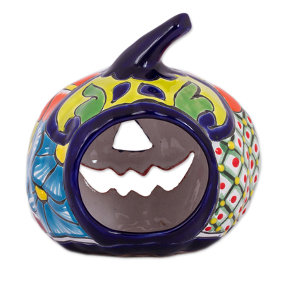 Ceramic candle holder, 'Floral Halloween' - Ceramic Jack-O-Lantern Candle Holder from Mexico