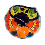 Ceramic candle holder, 'Floral Halloween' - Ceramic Jack-O-Lantern Candle Holder from Mexico