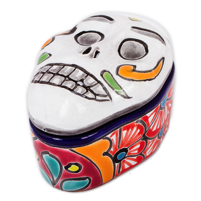 Ceramic decorative box, 'Calavera Keeper' - Skull-Shaped Talavera-Style Ceramic Decorative Box