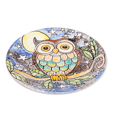 Dekorativer Teller aus Keramik - Bunte dekorative Keramikplatte mit Eule unter Nachthimmel