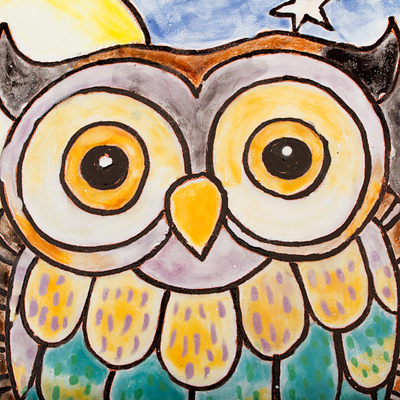 Ceramic decorative plate, 'Whimsical Owl' - Owl Under Night Sky Colorful Ceramic Decorative Plate