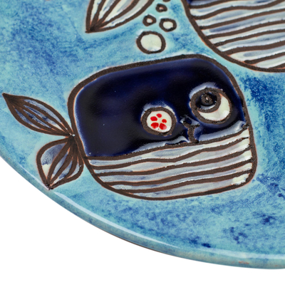 Ceramic decorative plate, 'Whale Whimsy' - Two Happy Blue Whales Swimming Ceramic Decorative Plate