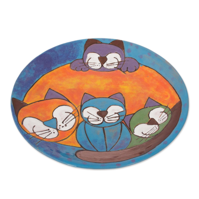 Ceramic decorative plate, 'Happy Cat Family' - Happy Playful Cat Family Colorful Ceramic Decorative Plate