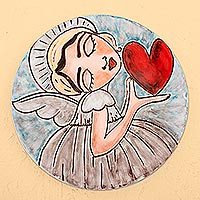 Ceramic decorative plate, 'Angel's Kiss' - Handcrafted Angel and Heart Ceramic Decorative Plate