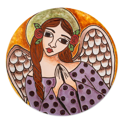 Ceramic decorative plate, 'Angel with Roses' - Handcrafted Angel with Roses Ceramic Decorative Plate