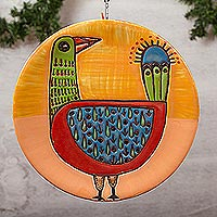Arte de pared de cerámica, 'Pollo de pera espinosa' - Arte de pared de pollo de cerámica hecho a mano de México