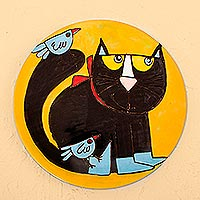 Plato decorativo de cerámica, 'Gato y pájaros' - Plato decorativo de cerámica de gato negro con pájaros hecho a mano