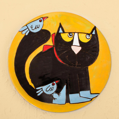 Ceramic decorative plate, 'Cat and Birds' - Handcrafted Black Cat with Birds Ceramic Decorative Plate