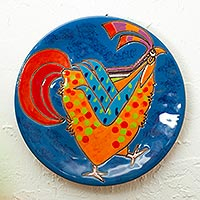 Handcrafted Yellow Rooster on Blue Ceramic Decorative Plate,'Yellow Rooster'