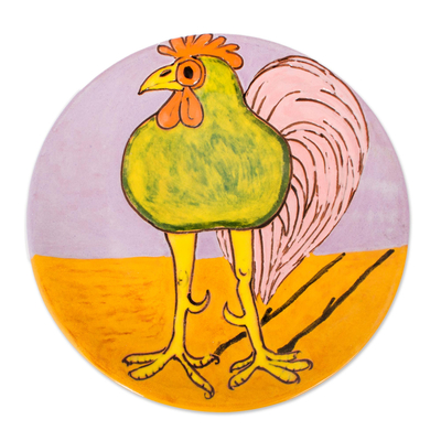 Handcrafted Whimsical Green Rooster Ceramic Decorative Plate