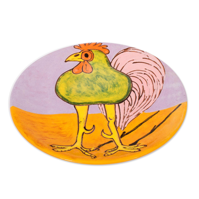 Ceramic decorative plate, 'Green Rooster' - Handcrafted Whimsical Green Rooster Ceramic Decorative Plate