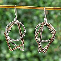 Geometric Sterling Silver and Copper Dangle Earrings,'Geometric Trio'