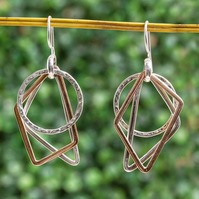 Sterling silver and copper dangle earrings, Geometric Trio