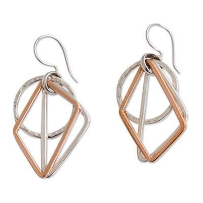 Sterling silver and copper dangle earrings, 'Geometric Trio' - Geometric Sterling Silver and Copper Dangle Earrings