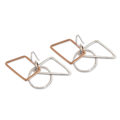 Sterling silver and copper dangle earrings, 'Geometric Trio' - Geometric Sterling Silver and Copper Dangle Earrings