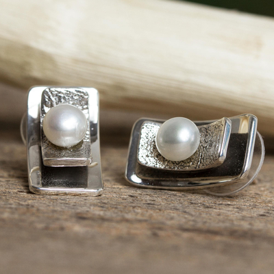 Cultured pearl button earrings, 'Glowing Mystery' - Modern Cultured Pearl Button Earrings from Mexico