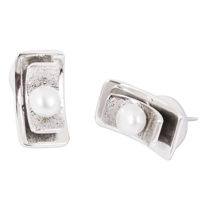 Cultured pearl button earrings, 'Glowing Mystery' - Modern Cultured Pearl Button Earrings from Mexico