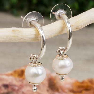 Cultured pearl dangle earrings, 'Titan Moons' - Simple Cultured Pearl Dangle Earrings from Mexico