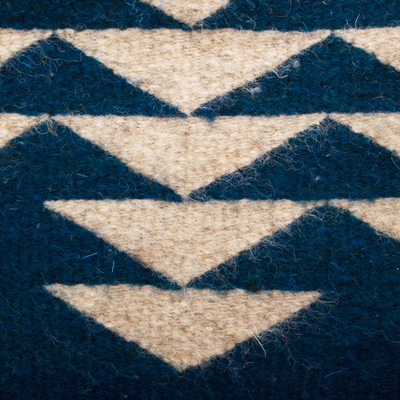 Zapotec-Wollteppich, (2,5x5) - Azurblauer und taupefarbener geometrischer Zapotec-Wollteppich (2,5 x 5)