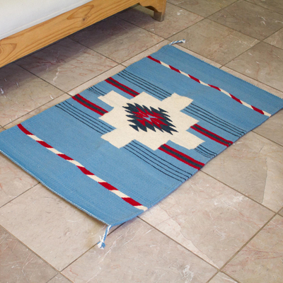 Flächenteppich aus zapotekischer Wolle, 'Cerulean Chakana' (2x3) - Handgewebter geometrischer Flächenteppich aus zapotekischer Wolle aus Mexiko (2x3)