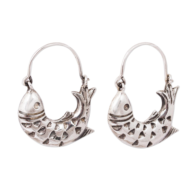 Curved Fish Sterling Silver Hoop Earrings from Mexico