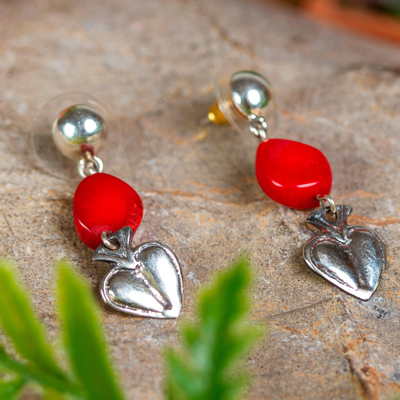 Sterling silver dangle earrings, 'Crystalline Flaming Hearts' - Heart-Shaped Sterling Silver Earrings with Red Crystal