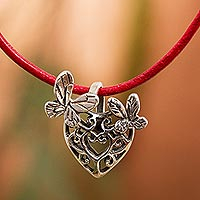 Butterfly-Themed Sterling Silver Heart Pendant Necklace,'Heartfelt Butterflies'