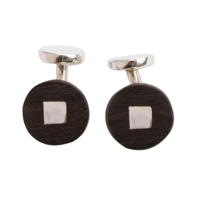 Sterling silver and wood cufflinks, 'Modern Man' - Modern Sterling Silver and Bocote Wood Cufflinks from Mexico