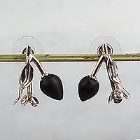 Sterling silver and wood drop earrings, 'Olive Fruit' - Olive-Themed Sterling Silver and Wood Drop Earrings